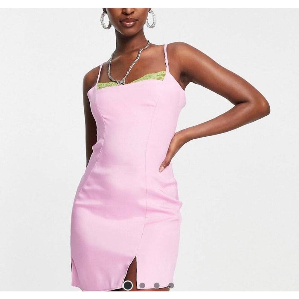 Pink Slip Mini Dress Green‎ Lace Trim Women's 10 Y2K Coquette Soft Girl Strappy